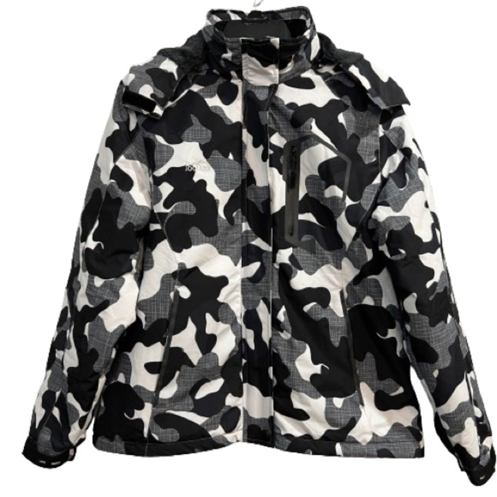 Pooluly Warm Winter Ski Jacket Plush Lining Removable Hood Waterproof Camo M